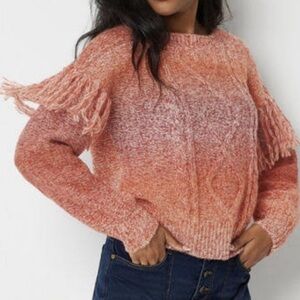 Frye And Co Wool Blend Fringed MED Sweater Balloon Sleeve Spacedyed Orange Ombré